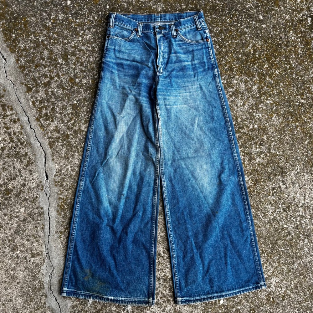 Vintage 70s Wrangler Wide Leg Jeans Blue Denim Talon Zip 30x32 Flare Ultra Wide